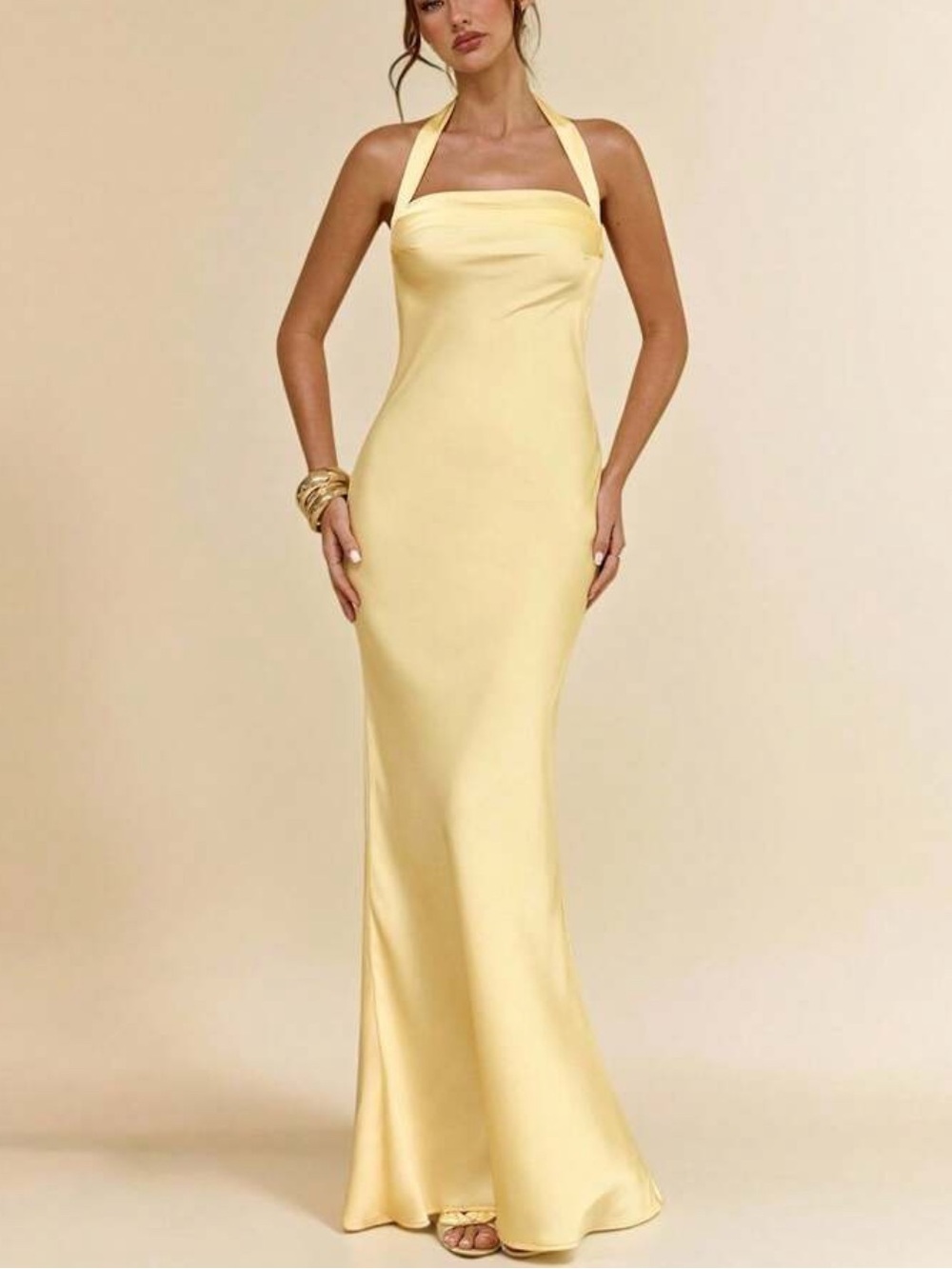 Elegant Yellow Halter Satin Evening Dress